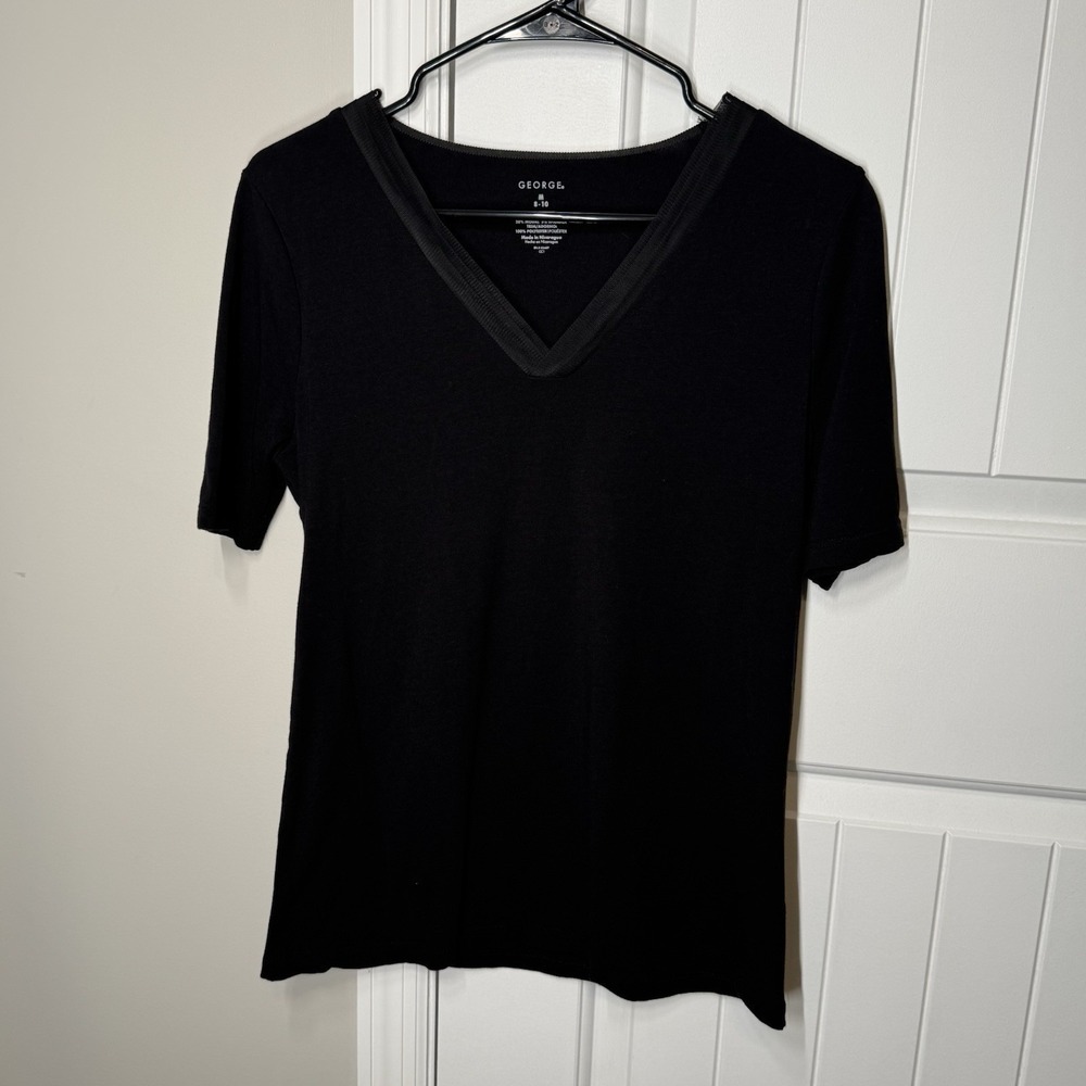 George Womens Black Satin Trim V-Neck Short Sleeve Blouse Top Size M 8-10